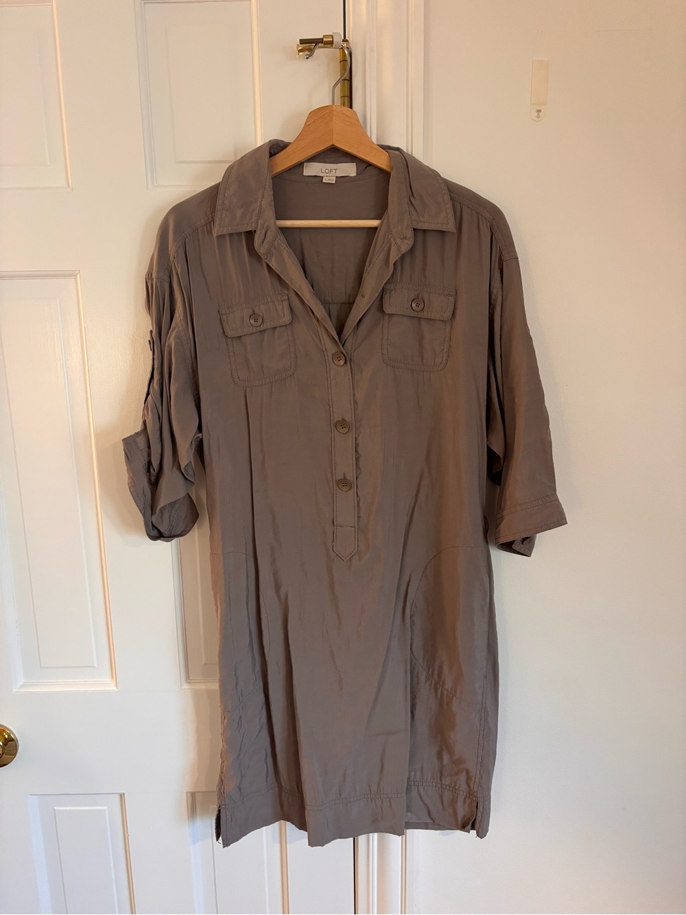 LOFT Taupe Button-Front Utility Shirt Dress